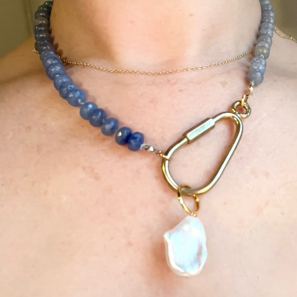 Genuine Gemstone Necklace Blue Ombré ~ Hand Knot  Silk ~Vintage Brass Carabiner